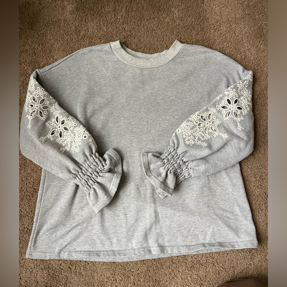 Lost Ink Embroidered Puff Sleeve Crewneck Sweater